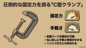 金属パーツの固定も可能で圧倒的な固定力を誇るが、ねじ回しに手間がかかるC型クランプ（シャコ万力）の解説