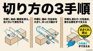 切り方の3手順。浅く引いて溝を作る始め、刃全体を大きく動かす進め、力を抜き落ちる側を手で支える終わり