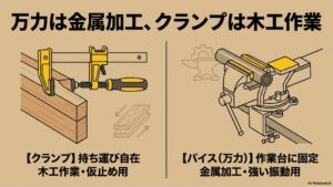 持ち運び自在で木工作業に向くクランプと、作業台に固定して金属加工に向く万力の用途の比較図