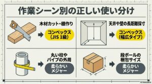 引っ張っても伸び縮みしない金属製のコンベックスと、柔軟で曲面測定に強い繊維・ビニール製メジャーの、それぞれの材質特性と得意な測定対象を比較したスライド。