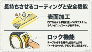 ナイロンコートやポリエステルコートなどの目盛り保護加工の違いと、手動レバー式と初心者向けのオートロック式の違いをまとめた機能比較スライド。