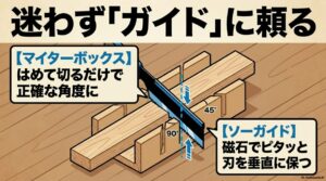迷わずガイドに頼る。正確な角度に切れるマイターボックスと、刃を垂直に保つソーガイド