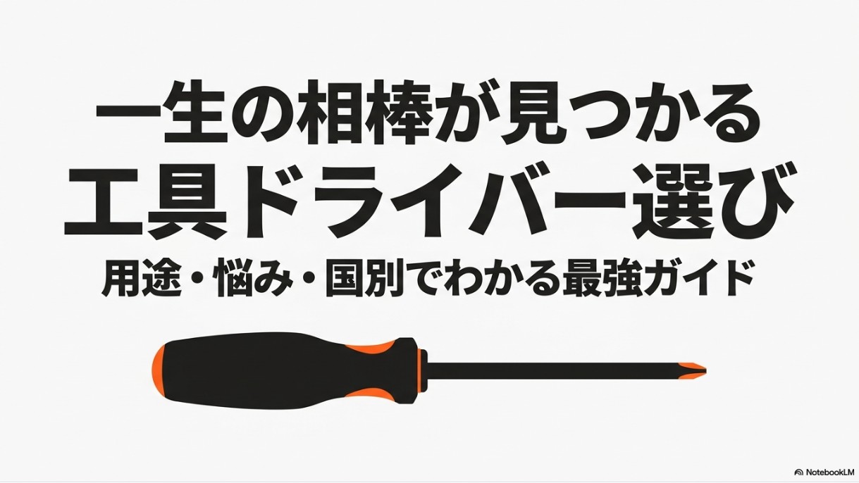 「一生の相棒が見つかる工具ドライバー選び 用途・悩み・国別でわかる最強ガイド」と書かれた、ドライバーのイラスト付きのアイキャッチスライド画像。