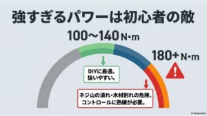 トルク値のメーター図。DIYに最適な100〜140Nmと、初心者には危険な180Nm以上のプロ用パワーの違いを解説。
