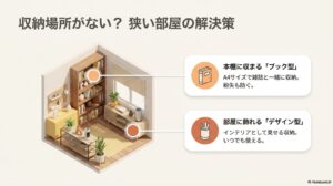 収納場所がない？狭い部屋の解決策として、本棚に収まる「ブック型」と部屋に飾れる「デザイン型」を提案するイラスト