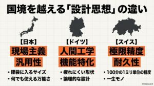 日本（現場主義・汎用性）、ドイツ（人間工学・機能特化）、スイス（極限精度・耐久性）の3カ国の地図シルエットと、それぞれのドライバー設計哲学の違いを比較したスライド。