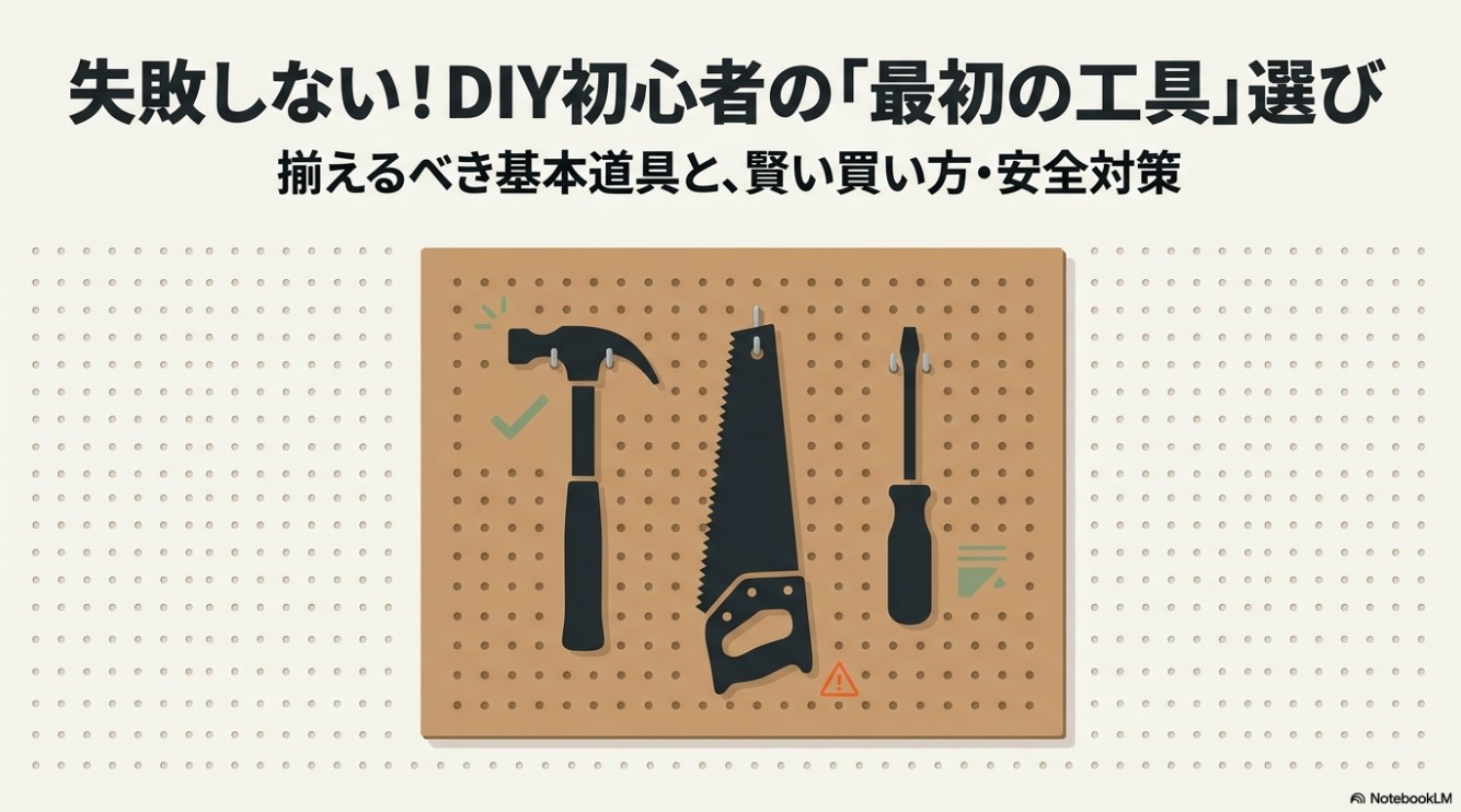 DIY初心者が最初に揃えるべき基本道具と賢い買い方、安全対策についてまとめた解説スライドの表紙。