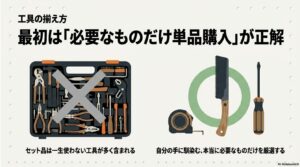 使わない道具が含まれるセット品よりも、自分に馴染む必要な道具だけを厳選して単品購入する方が良いことを示す比較図。