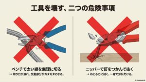 ペンチで太い線を無理に切ることと、ニッパーで釘をつかんで抜くことによる工具破損の危険性を伝える図