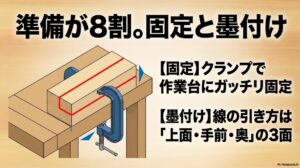 準備が8割。クランプで作業台にガッチリ固定し、上面・手前・奥の3面に墨付けを行う