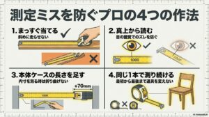 テープを対象と平行に当てる、目盛りを真上から見る、内寸測定で本体ケースの長さを足す、同じ道具を使い続けるという、DIYで失敗しないための4つの測定コツを図解したスライド。