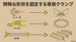 直角に固定するコーナークランプ、多角形に巻くベルトクランプ、長尺材を繋ぐハタガネ・パイプクランプの図解