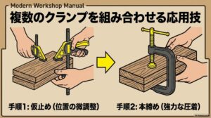 手順1でクイックバークランプを使い仮止めと微調整を行い、手順2でC型クランプを使い強力に本締めする応用技
