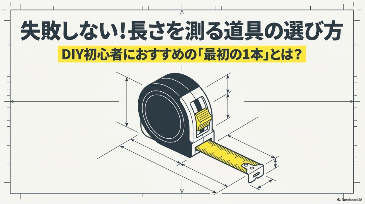 DIY工具ノートが解説する「コンベックスとメジャーの違い」のタイトルスライド。初心者向けに道具の選び方をまとめた完全ガイドの表紙。
