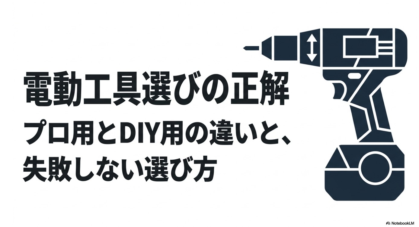 電動工具選びの正解、プロ用とDIY用の違いと失敗しない選び方のタイトルスライド。インパクトドライバーのイラスト。