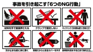 事故を引き起こす6つのNG行動。材料を手で直接押さえる、クランプで固定しない、キックバック方向に立つ、刃が止まる前に床に置く、邪魔だからと安全カバーを外す、説明書を読まず自己流で操作する。