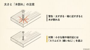 太すぎるねじや端に近いと木が割れるため、小さな箱や端付近にはスリムビス（細いねじ）を選ぶ対策を図解。