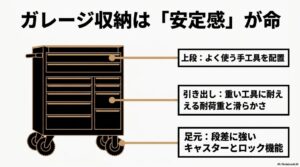 ローラーキャビネットを選ぶ際の上段の配置、引き出しの耐荷重と滑らかさ、足元のキャスターとロック機能の重要性を解説する図解