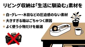 リビング収納には白・グレー・木目など圧迫感のない素材を選び、大きすぎる箱は避け、よく使う小物だけを厳選してトレイ等に収納するイメージ図