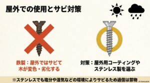 鉄製は屋外ではサビて木が変色・劣化するため、対策として屋外用コーティングやステンレス製を選ぶ。ステンレスでも環境によりサビるため過信は禁物。