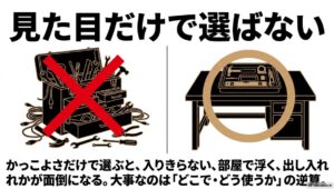 工具箱をかっこよさだけで選ぶと失敗しやすいため、「どこで・どう使うか」から逆算することが重要であると説明する図解
