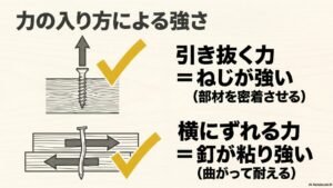 ねじは引き抜く力に強く部材を密着させる。釘は横にずれる力に粘り強く曲がって耐える特徴を図解。