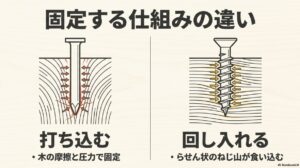 釘は木の摩擦と圧力で固定するのに対し、ねじはらせん状のねじ山が食い込んで固定される仕組みを図解。