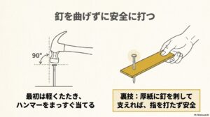 最初は軽くたたきハンマーをまっすぐ当てる。厚紙に釘を刺して支えれば指を打たず安全に打てる裏技を図解。