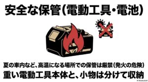 発火の危険があるためリチウムイオン電池を夏の車内など高温になる場所で保管しないこと、重い本体と小物は分けて収納することを注意喚起する図解