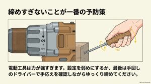 電動ドリルドライバーのクラッチ設定を弱めに調整し、最後は手回しドライバーでネジの締め具合を確認する方法の図解