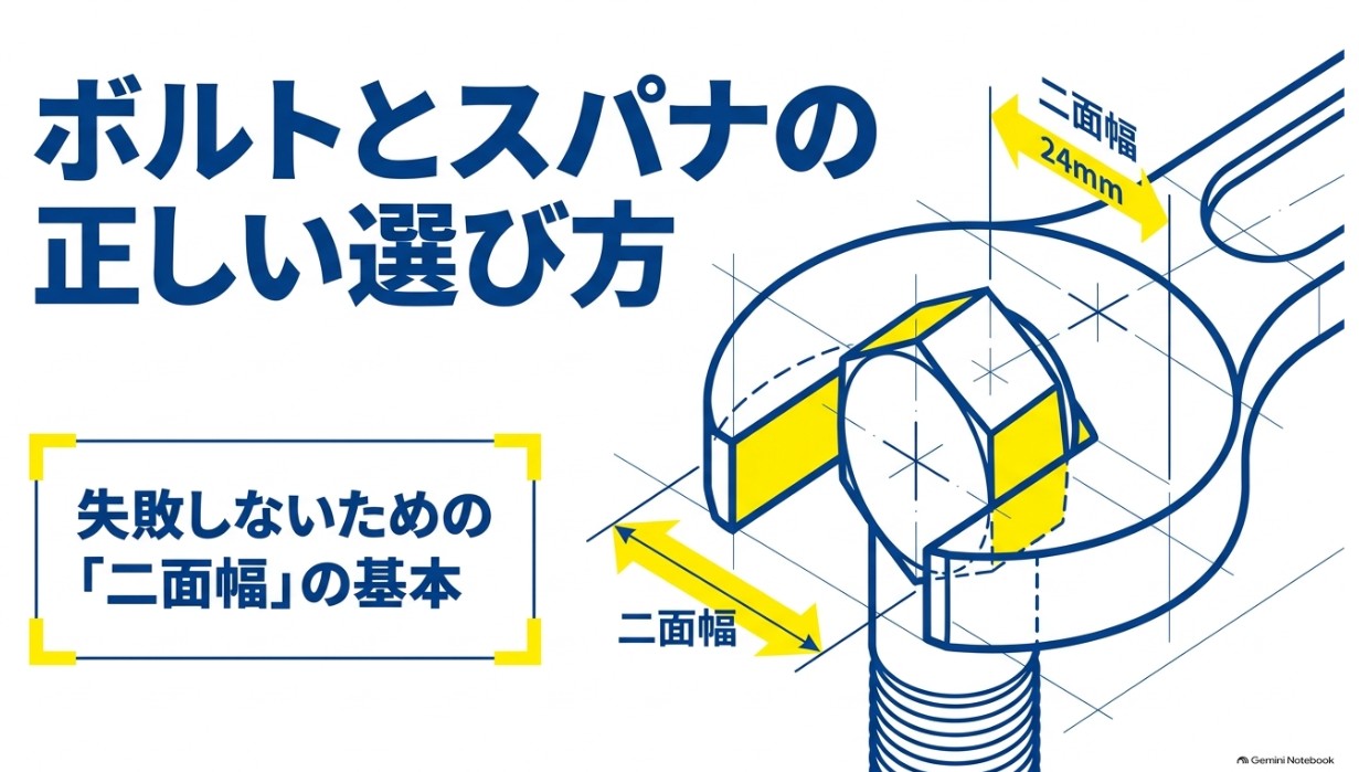ボルトとスパナ選びで重要な二面幅の基本を示した図解