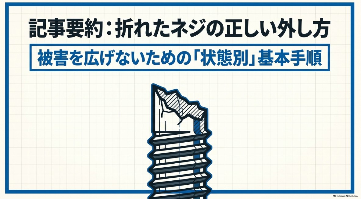 折れたネジを部材を傷めず外すための状態別基本手順を示した図