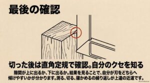 切断後に直角定規を当てて、切断面の傾きを確認する図