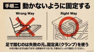 足で押さえず、作業台に木材をクランプで固定する正しい方法