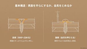 皿頭と鍋頭の違いを木材固定と金具固定で比較した図