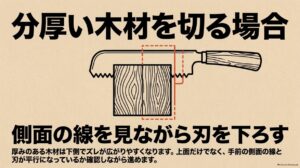 分厚い木材を切るときに側面の墨線を確認しながら刃を下ろす図