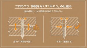 全ネジでは隙間が残りやすく半ネジでは木材を密着させやすいことを示す図