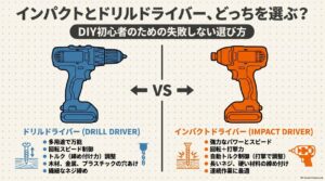 青のドリルドライバーとオレンジのインパクトドライバーを左右に並べ、DIY初心者向けの特徴を比較した図