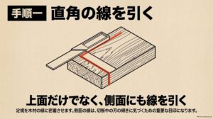 差し金を使って木材の上面と側面に直角の切断線を引く手順
