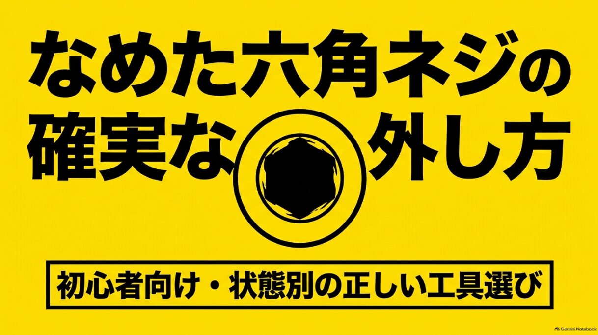 なめた六角ネジの確実な外し方を紹介するスライドの表紙。初心者向けにネジの状態別で正しい工具を選ぶ方法を解説