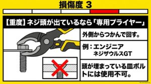 ネジ頭が外側に出ている場合にネジ外し用プライヤーでつかんで回す方法。エンジニアのネジザウルスGTを例示し、頭が埋まった皿ボルトには使用できないことを説明