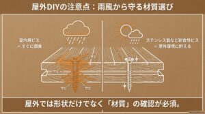 屋外DIYで雨風によるサビを防ぐため材質選びが重要なことを示す図