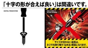 サイズが合わないプラスドライバーでネジ頭の十字穴を削り、なめてしまう危険性を示したイラスト
