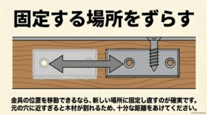 傷んだネジ穴から金具の取り付け位置を移動し、十分な距離を空けて新しいネジ穴に固定し直す方法を示した図解