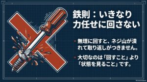 錆びたネジを無理に回すとネジ頭を傷めるため、まず状態を確認することを説明した図