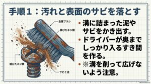 金属ブラシなどでネジ頭の泥や表面の錆を落とし、ドライバーが奥まで入る状態にする図