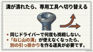 十字溝が潰れてドライバーが使えなくなったら、ネジの状態に合った専用工具へ切り替える図
