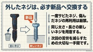 腐食や変形で傷んだ古いネジを、同じ太さや長さの新しいネジへ交換することを示した図