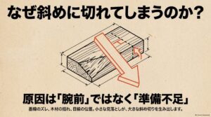 墨線のズレや木材の揺れ、目線の位置が原因で切断面が斜めになることを示す図