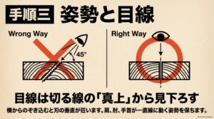 切断線の真上から見下ろし、のこぎりを垂直に入れる姿勢を示す図